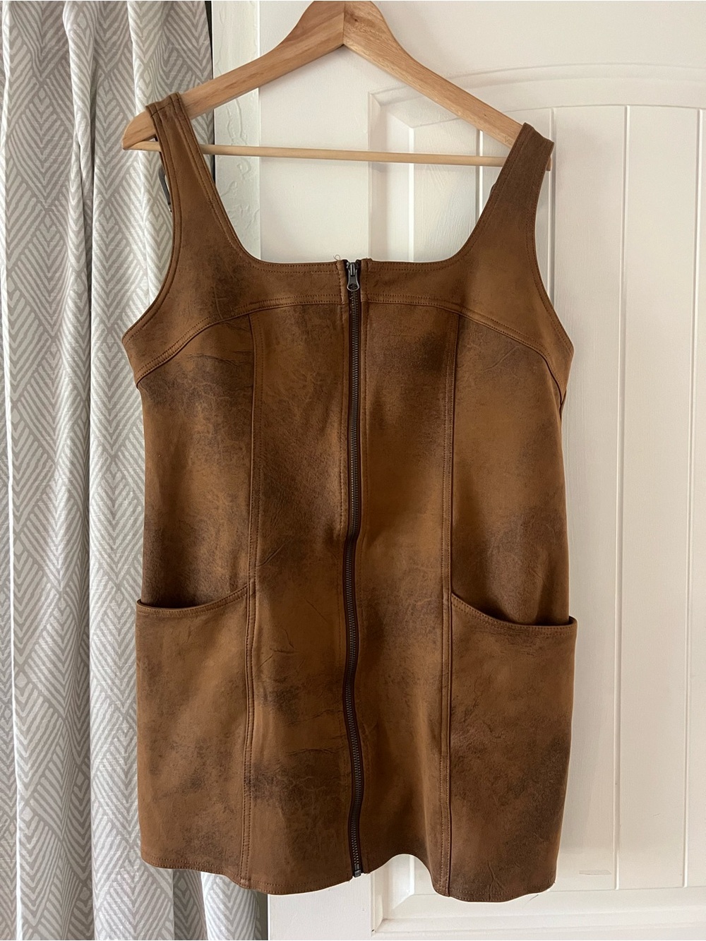 Free People Western Wind Mini Dress Vegan-Leather Brown Front Zipper Large